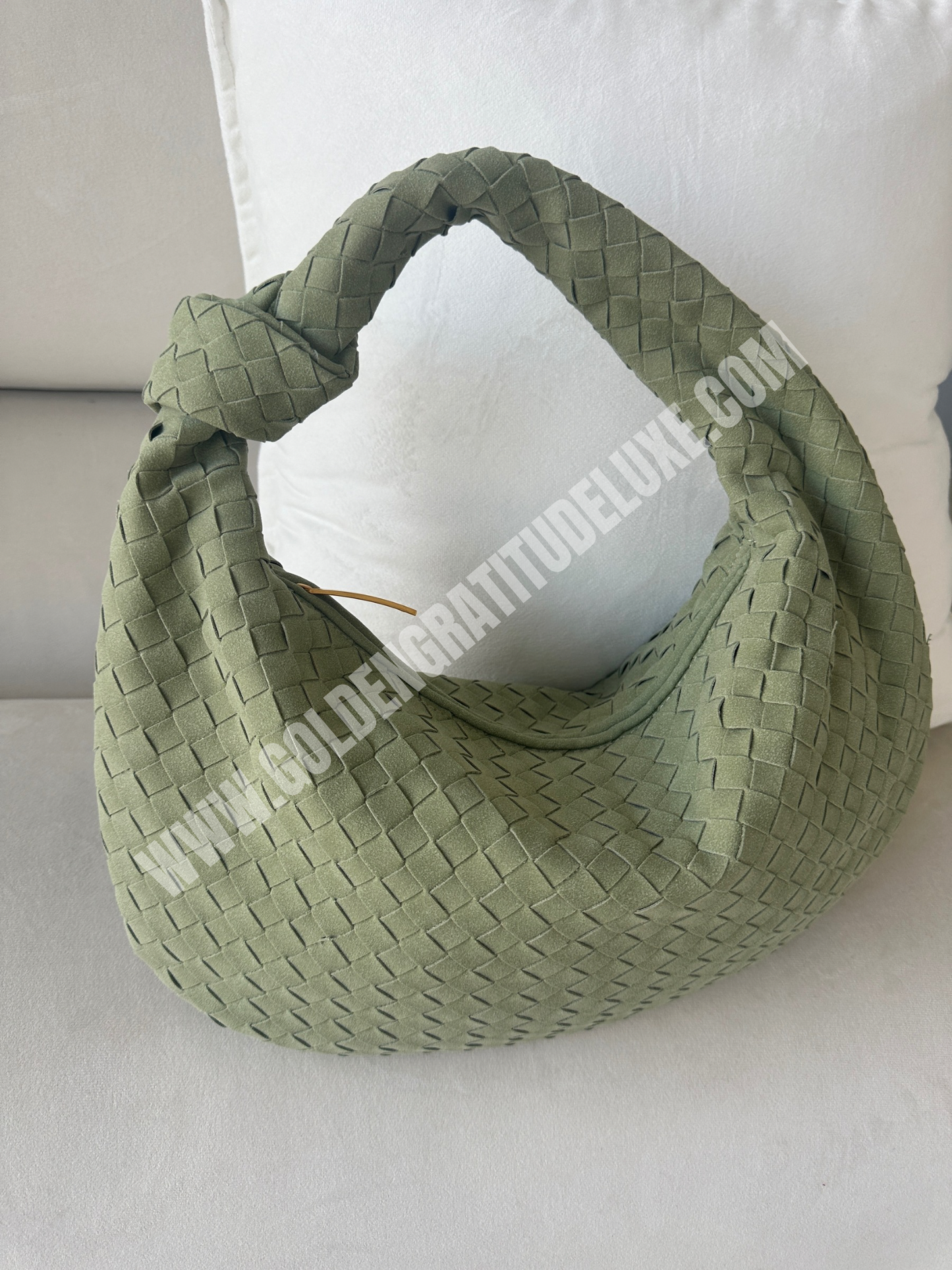 Olive Green Suede Woven Knot Bag (Big)