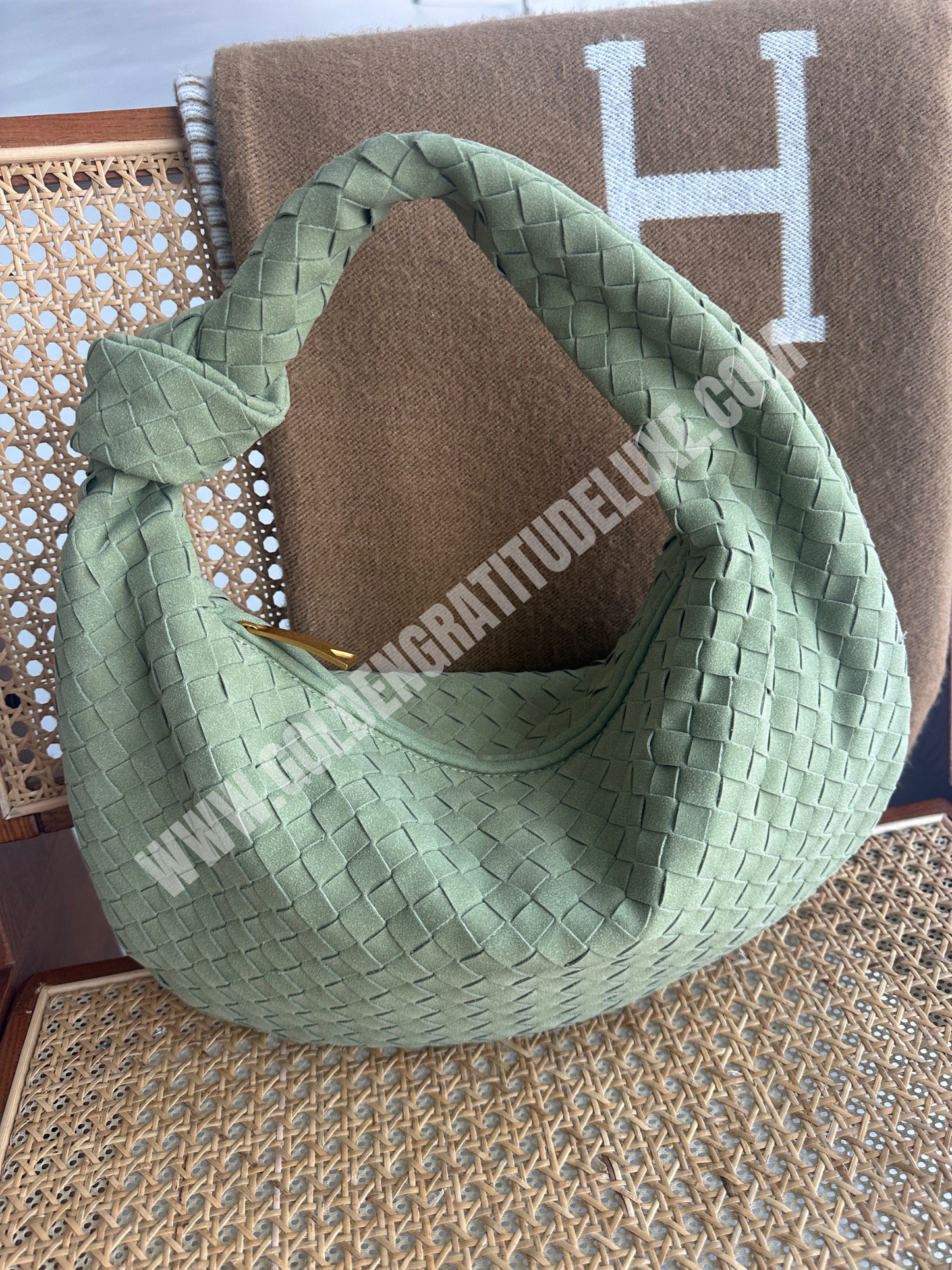 Olive Green Suede Woven Knot Bag (Big)