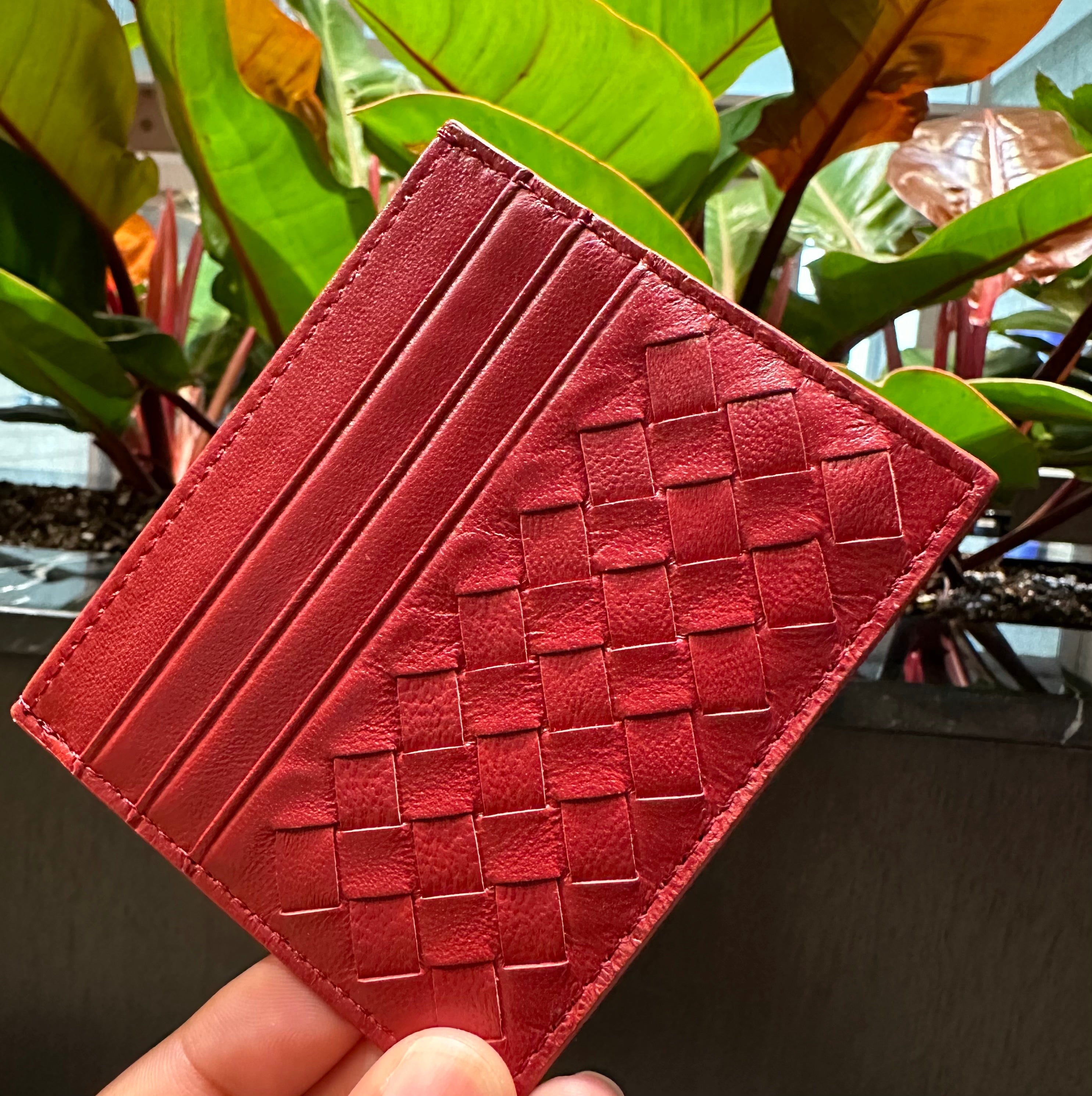 Red Leather Woven Cardholder