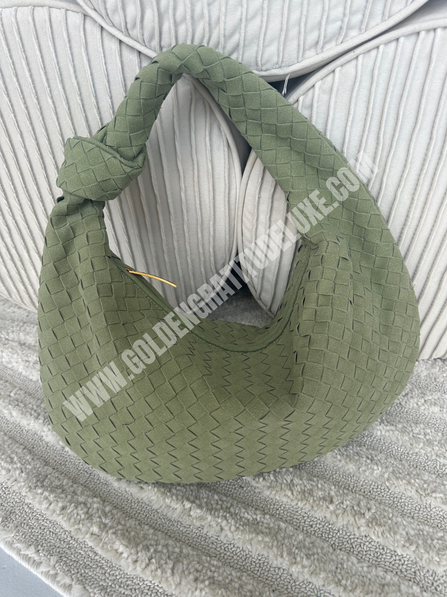 Olive Green Suede Woven Knot Bag (Big)