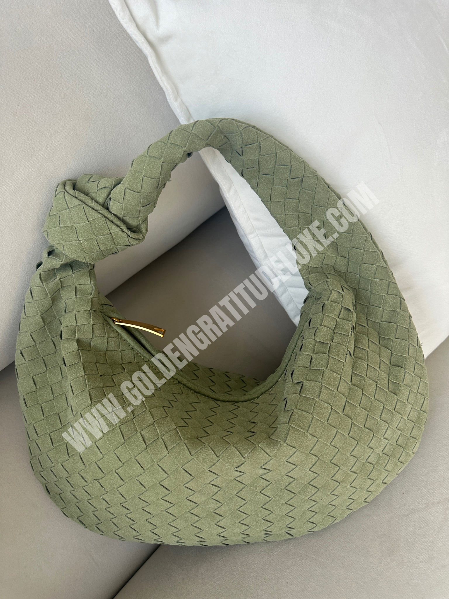 Olive Green Suede Woven Knot Bag (Big)