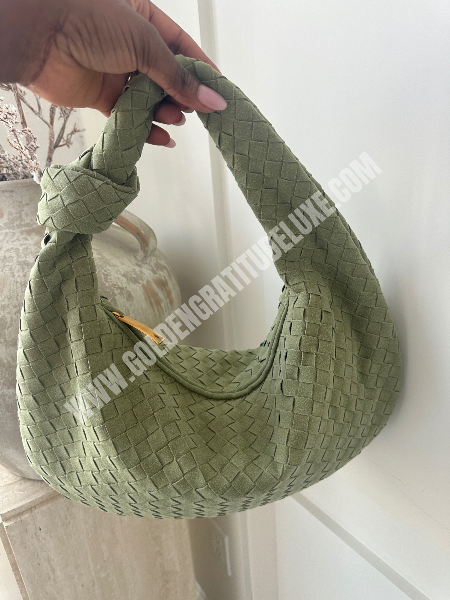 Olive Green Suede Woven Knot Bag (Big)