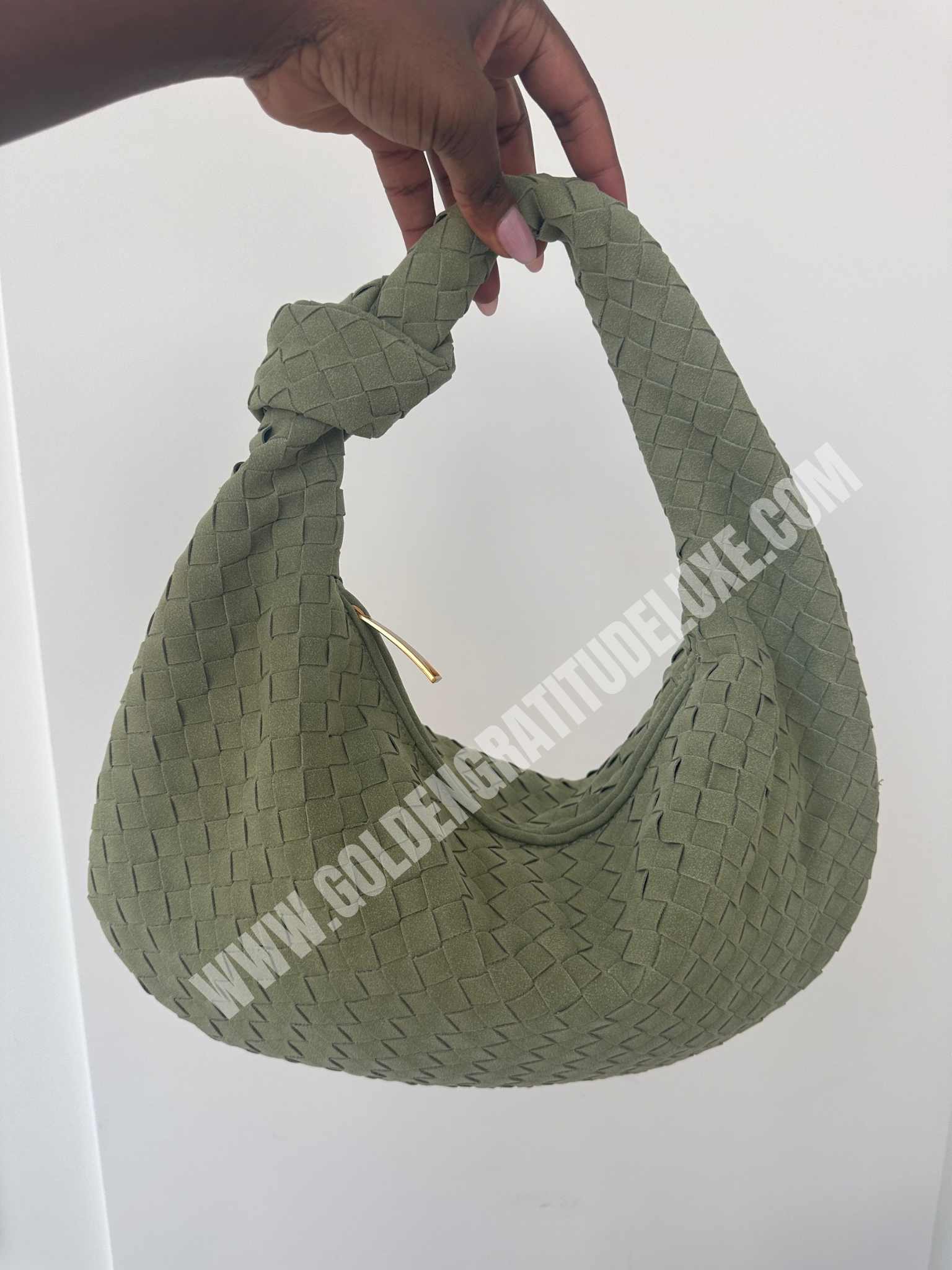 Olive Green Suede Woven Knot Bag (Big)