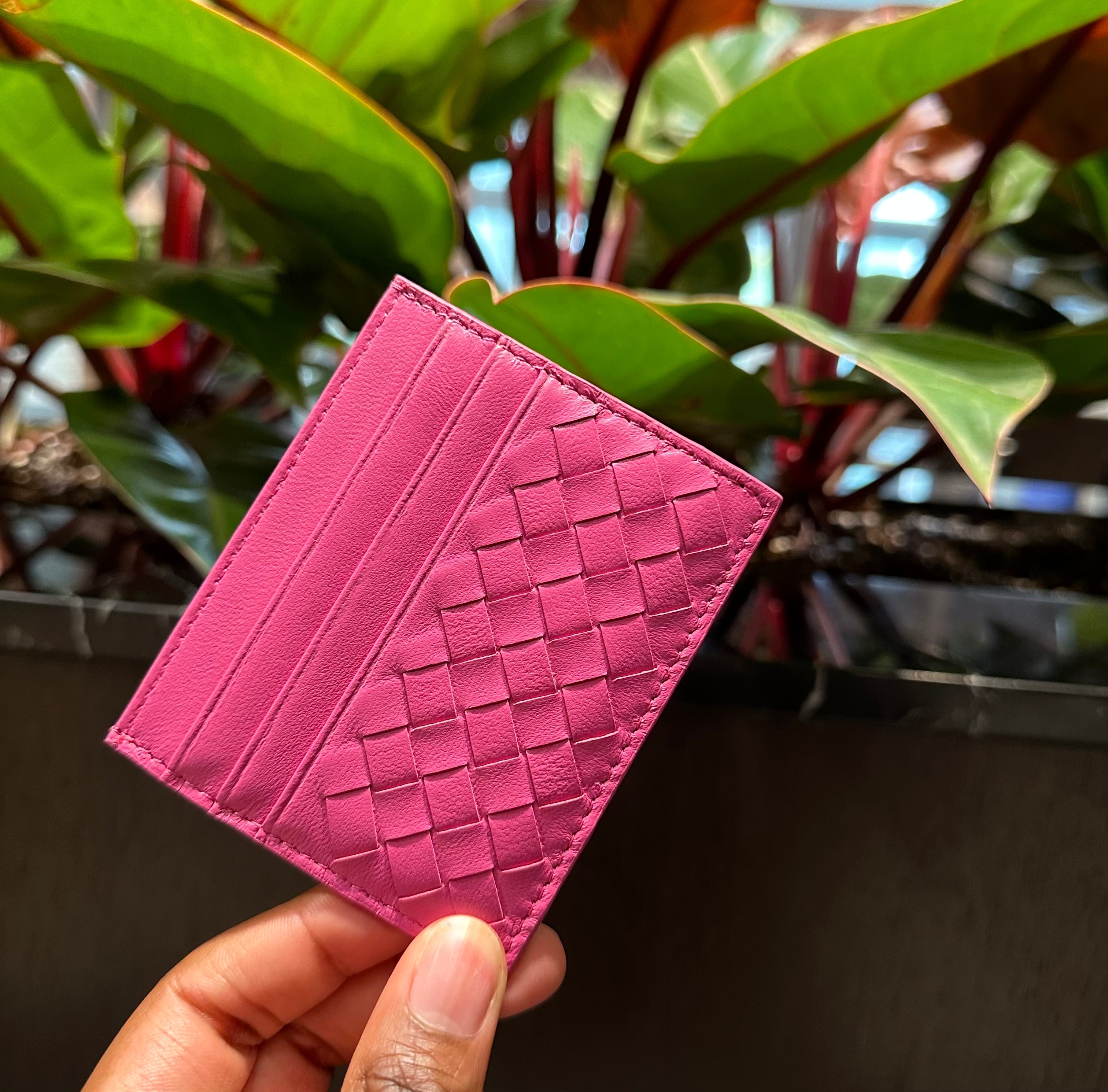 Pink Leather Woven Cardholder